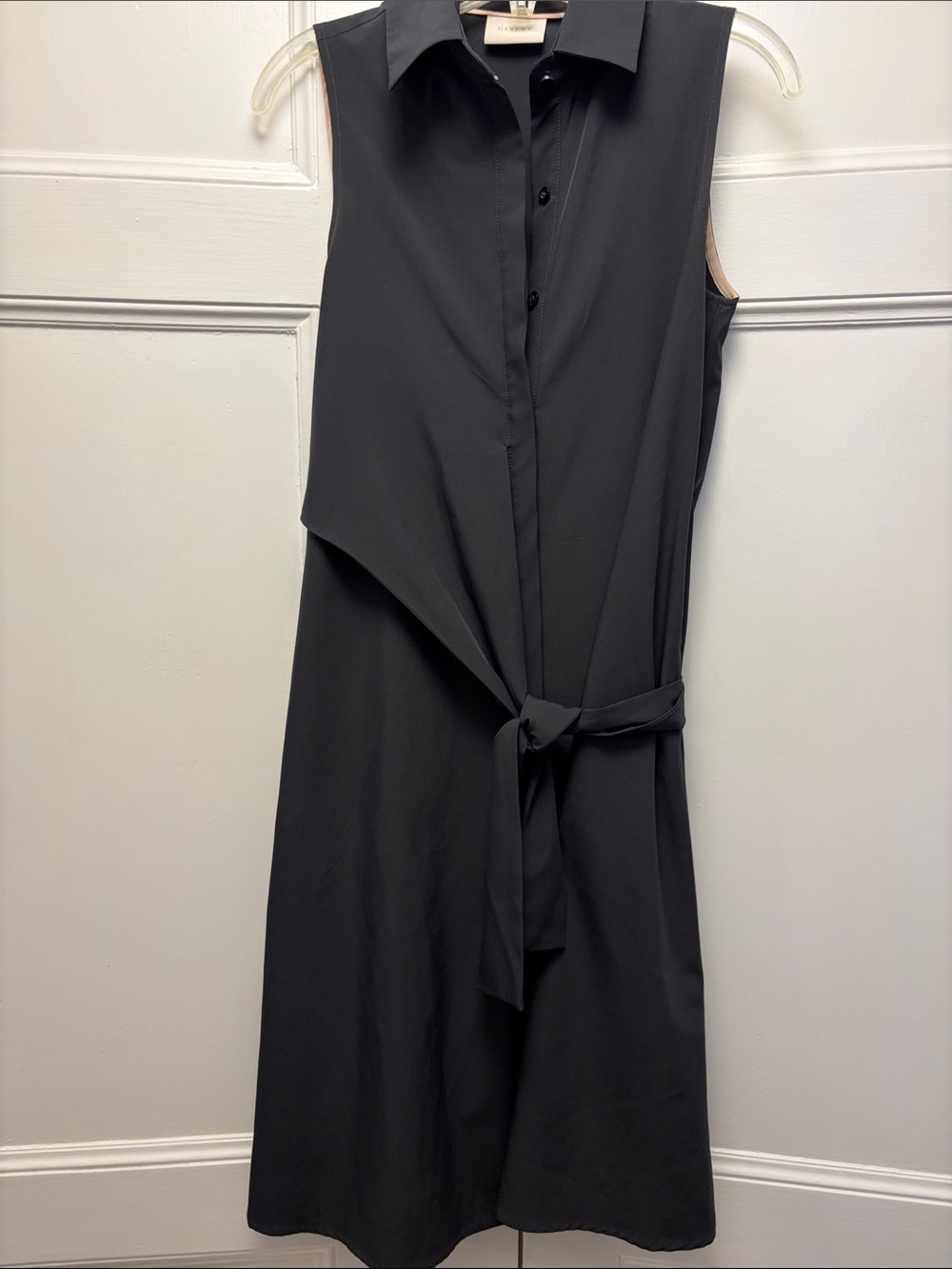 Sleeveless Black Tie-Waist Midi Shirt Dress